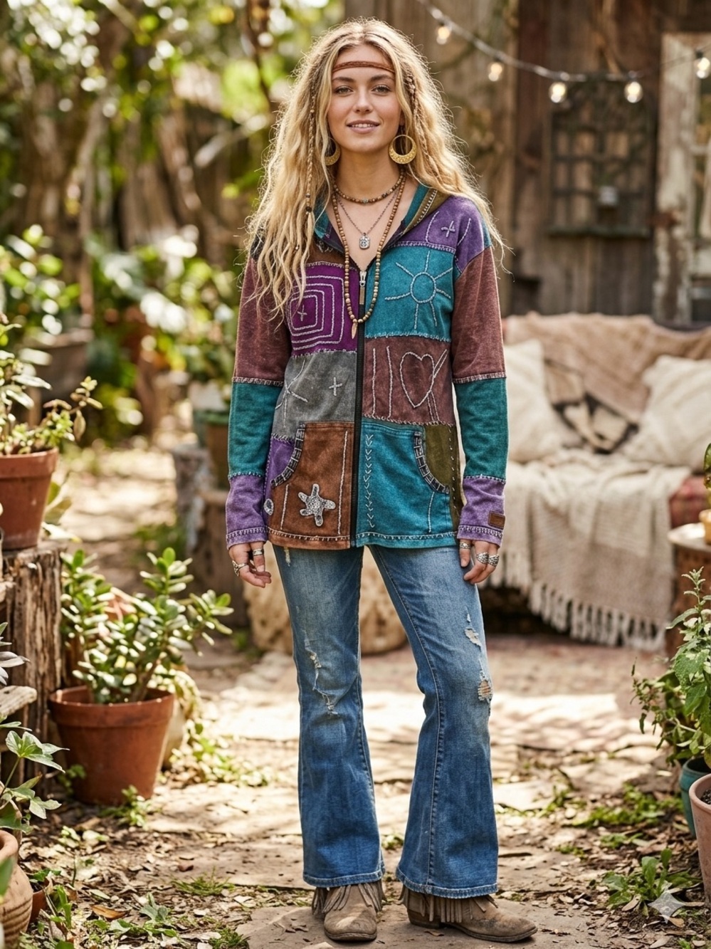 Kyber Outerwear Patchwork Hippie Boho Zip Hoodie Jacket- Multicolor M